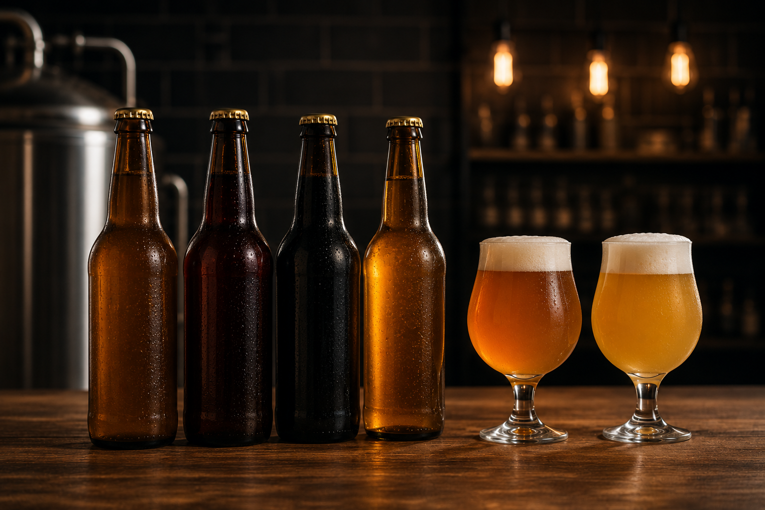 Verschiedene Bierflaschen und gefüllte Biergläser